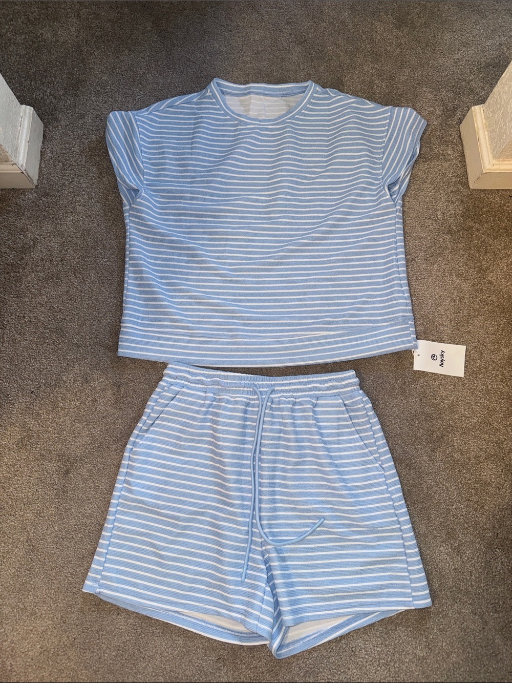 Striped Light Blue & White Women's Short Set